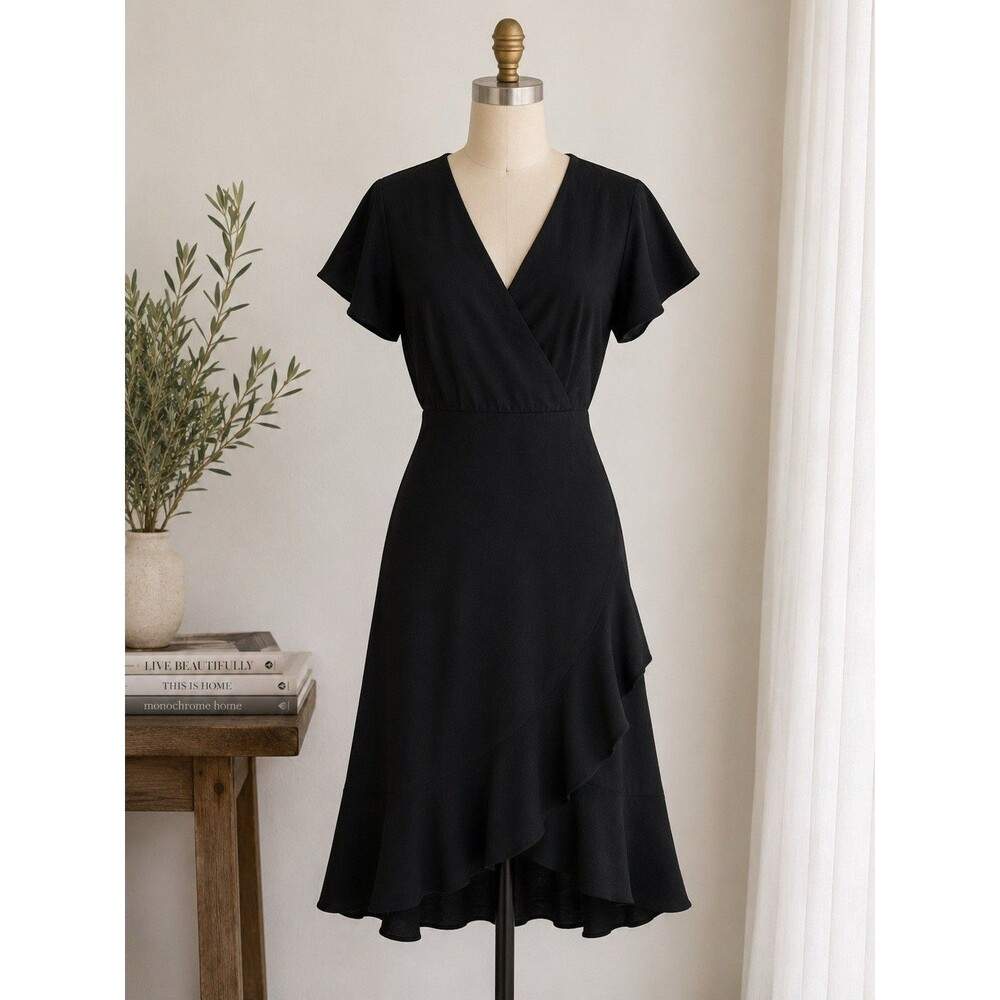 Express Black Wrap Ruffle Hem Dress XS Flutter Sleeve Cocktail Wedding Guest LBD